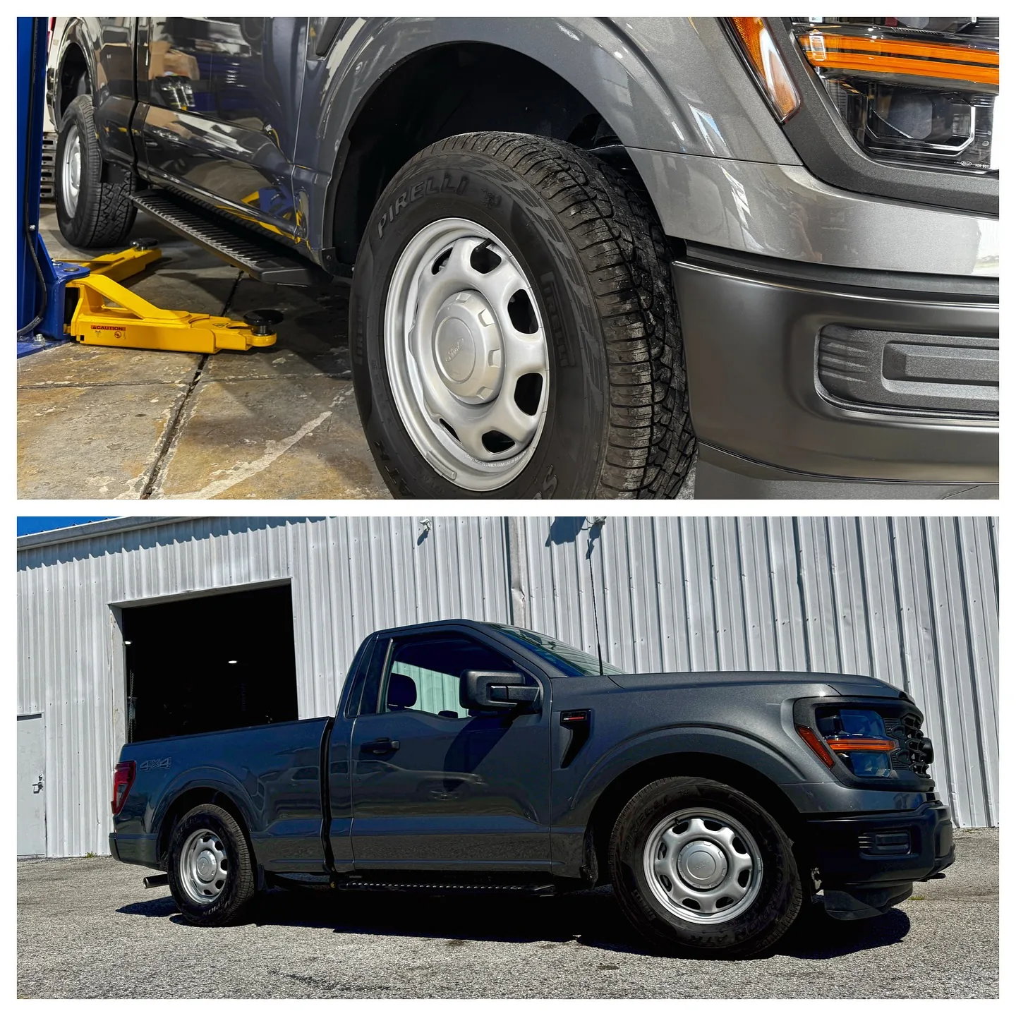 A 2025 F-150 before and after its Ridetech drop