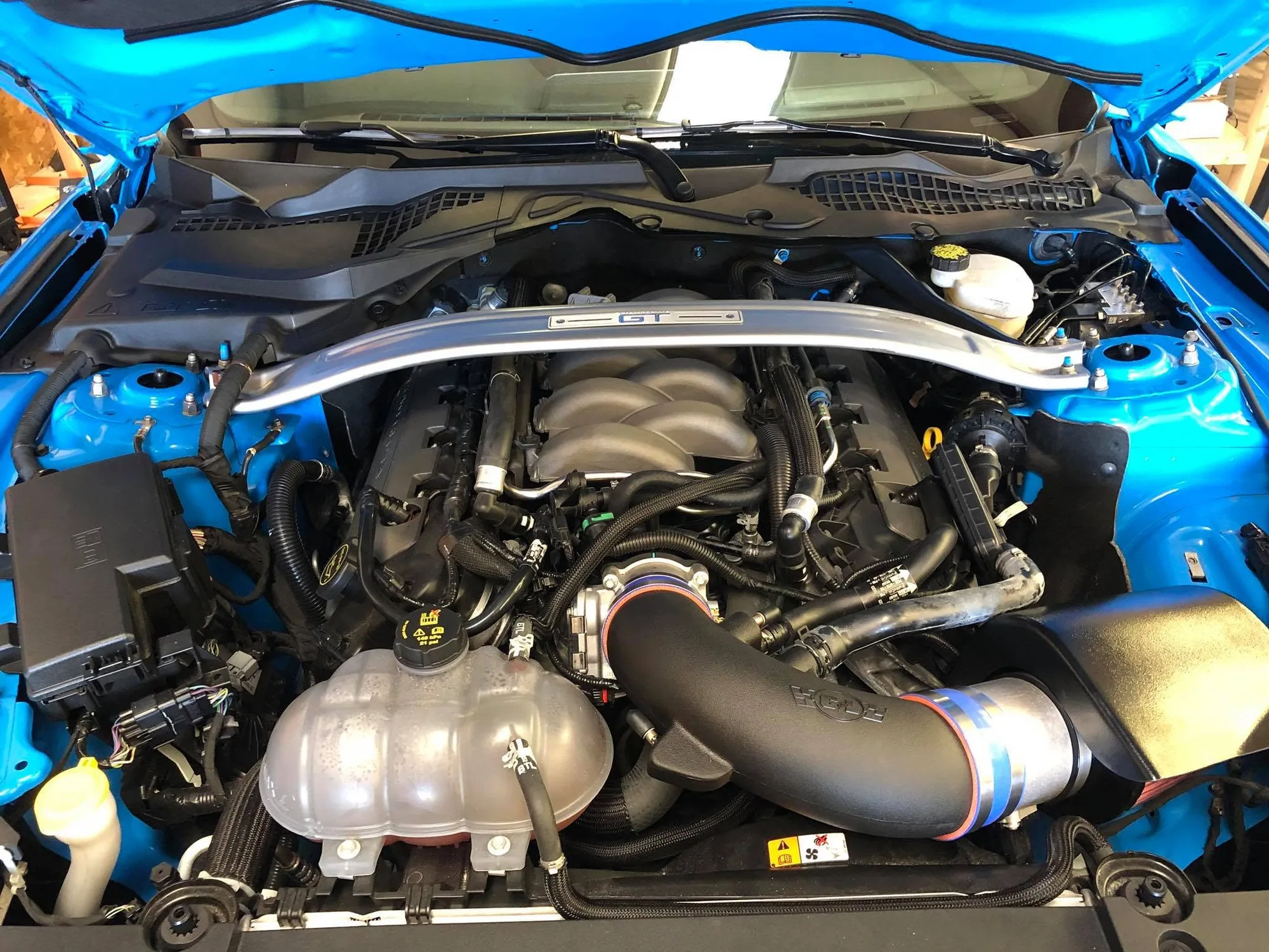 A supercharged Coyote engine bay in a blue Mustang